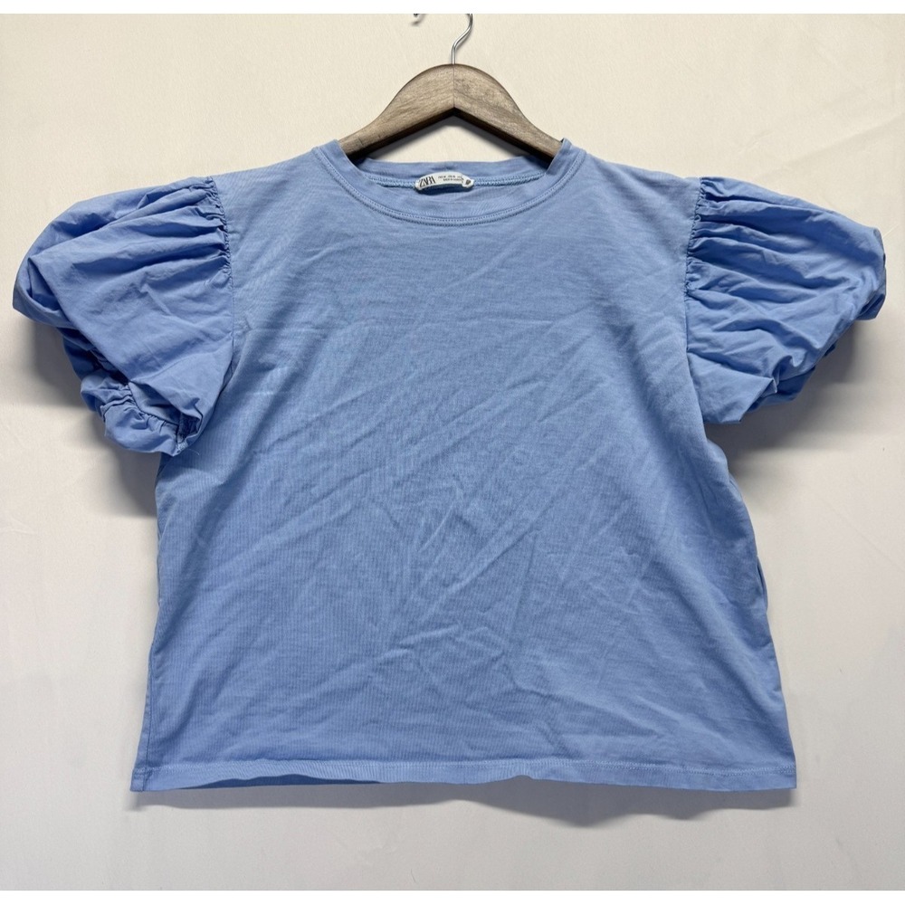 Zara T Shirt Womens Medium Blue Cotton Pleated Casual Balloon Sleeve Cropped Top